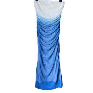 Strapless Ruched tube   Maxi Dress Small Blue Ombre Bodycon Lined Beach Vacation